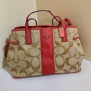 Coach purse, coral and brown fabric logo